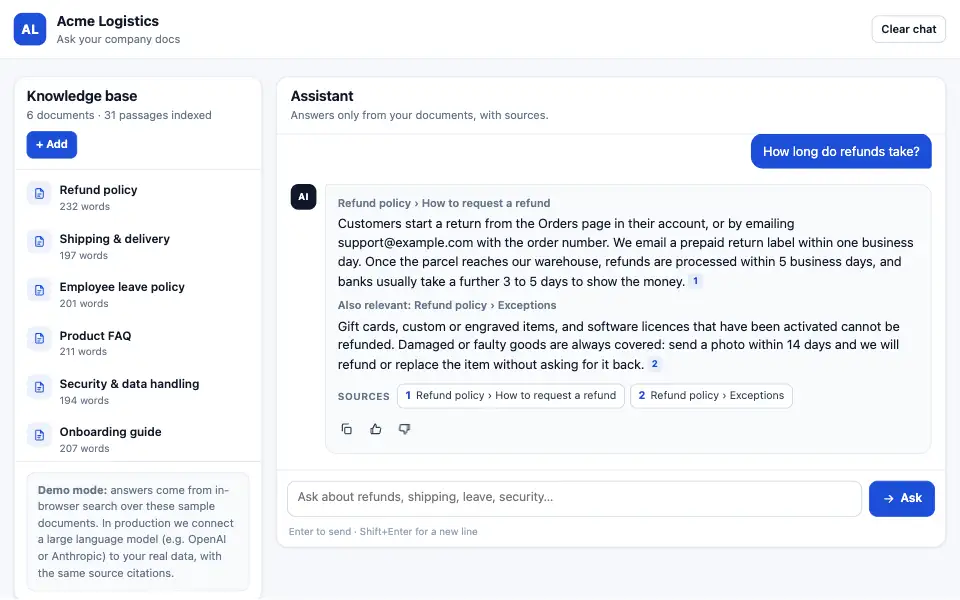 Screenshot of the AI document assistant demo: an answer drawn from company documents, with cited sources