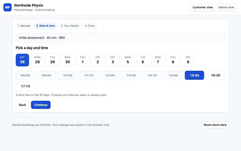 Screenshot of the appointment booking demo: a customer picks a day and a free time slot